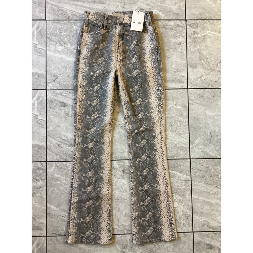 Mother The Hustler Flood Jeans Boa Babe Snakeskin Print Grey Flare 24 10897-1608